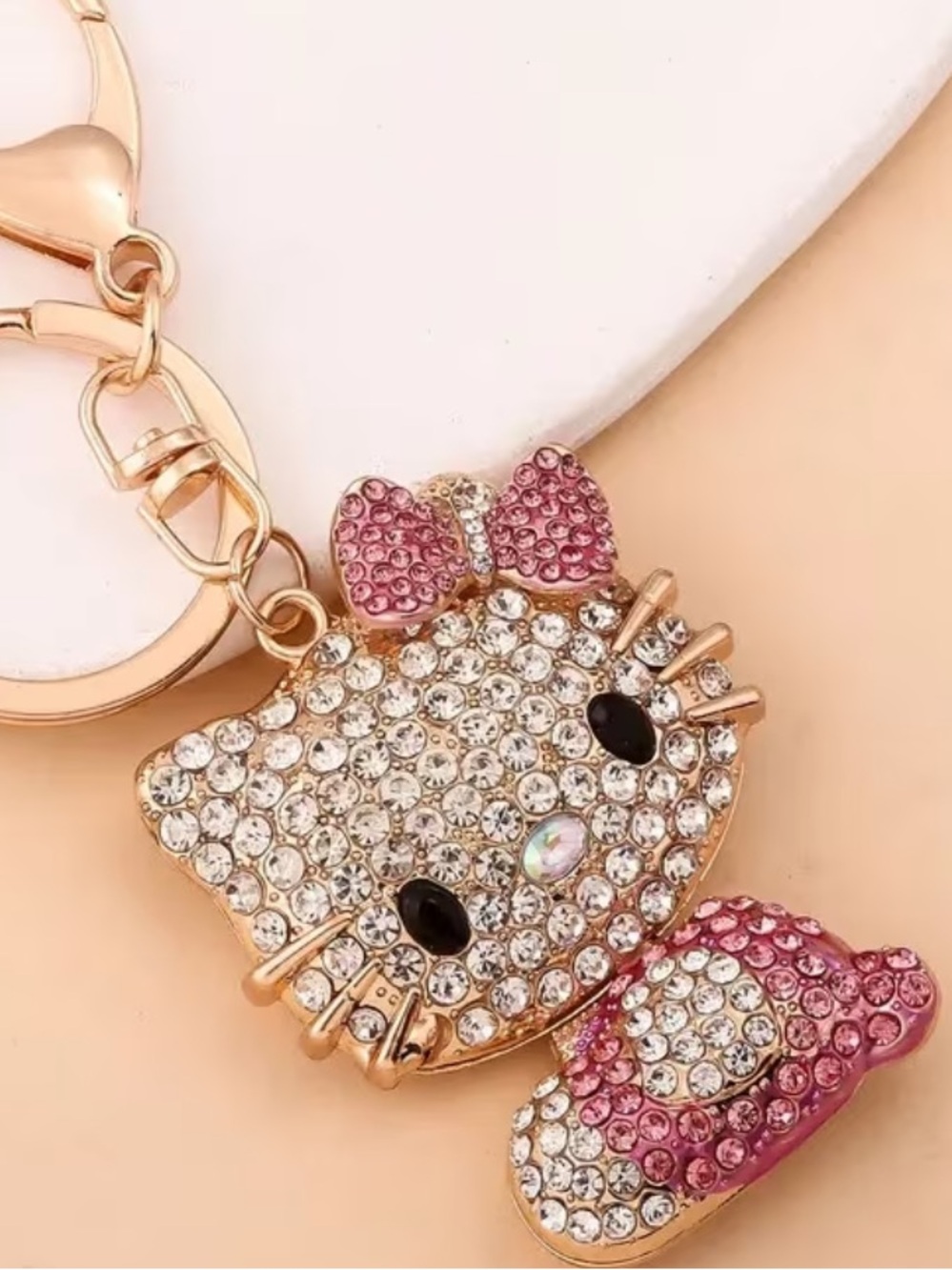 New Crystal Hello Kitty Bow Keychain Charm - Pink and Gold